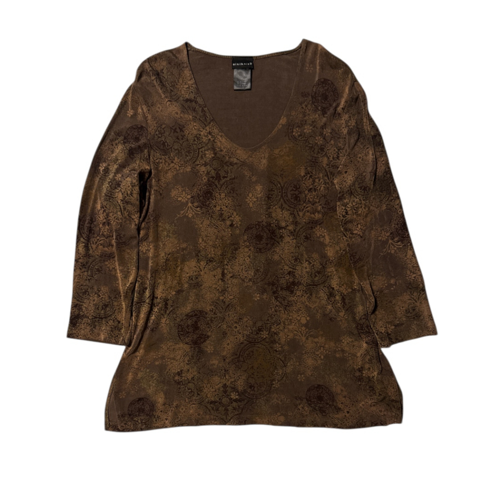 City Knits Slinky Tunic Top Size Large Floral Print Brown Golden Tan